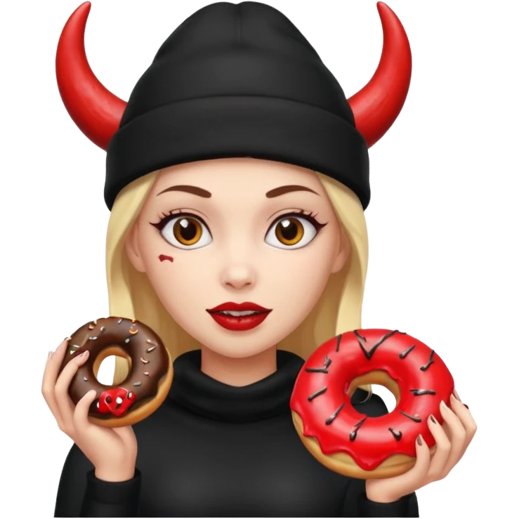 female devil wearing beanies holding donut emoji