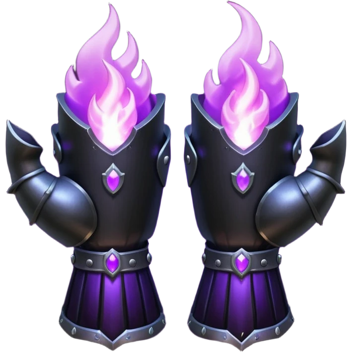 A Discord emoji of a pair of black armored gauntlets holding a flickering violet flame. The hands are positioned as if offering a gift. Dark gothic fantasy, glowing magical effects, high contrast, 2D vector style, white background. emoji