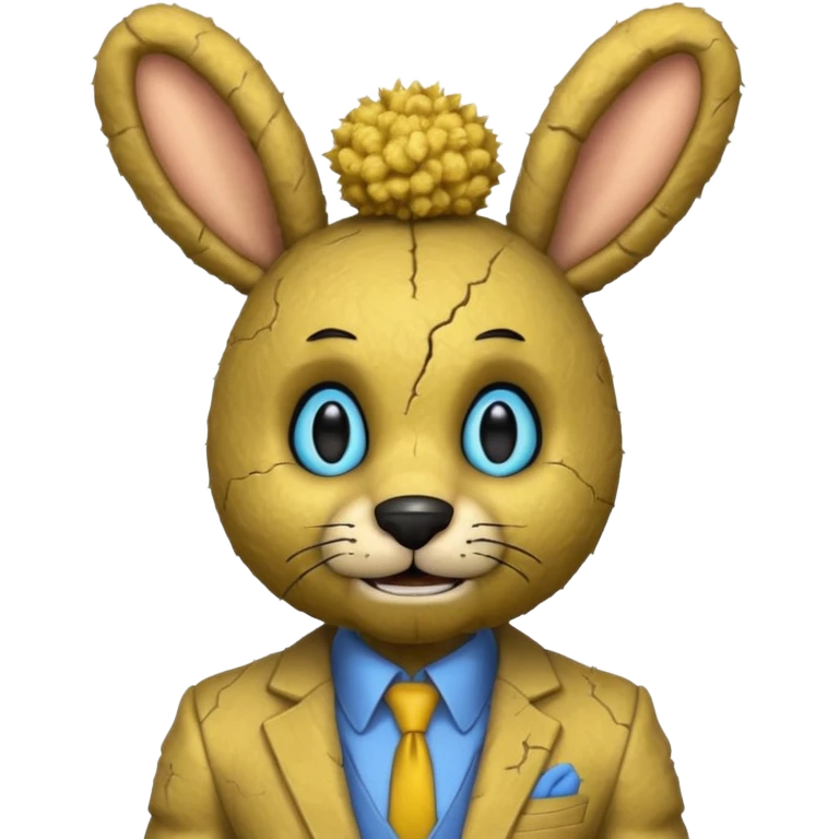 springtrap yellow damage hare suit with hare ears blue eyes with strands of 3C afro textured hair size of a small toothpick sttcking up emoji