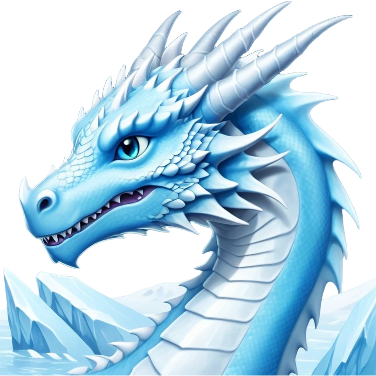 Cinematic Noble elegant Ice Dragon Portrait Emoji, Poised and imposing, distinct long elegant snout, with a slender, scaled body shimmering in glacial hues of icy blue, frostbitten silver, and crystalline white, breathing out frost, with piercing, glowing ice blue white eyes that radiate the chilling depths of an arctic storm; rendered in detail. Breathing out a frost mist emoji