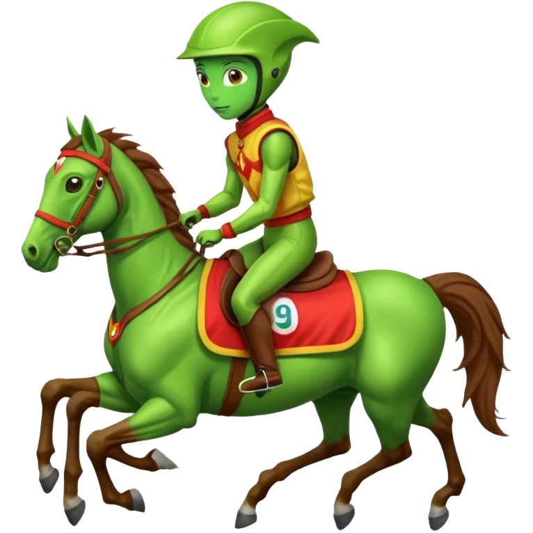 alien riding horse wearing racing cloth emoji