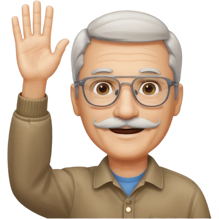 60 yr man with partially gray hair, mustache, light glasses, waving hello emoji