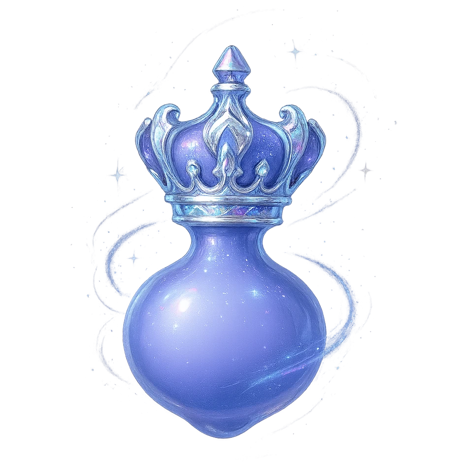 final ultra-luxurious extra small elixir bottle inspired by a crown: crown shape on top, color #7986cb, bottom merges seamlessly into a rounded, closed bottle (not flat or glass-like), the whole bottle looks like it's floating and swirling in the air, elegant silver and iridescent details, magical glowing and sparkling effects, very small neck, seamless rounded bottom, transparent background, no base or shadow, modern, luxury collection style, even smaller bottle proportions emoji