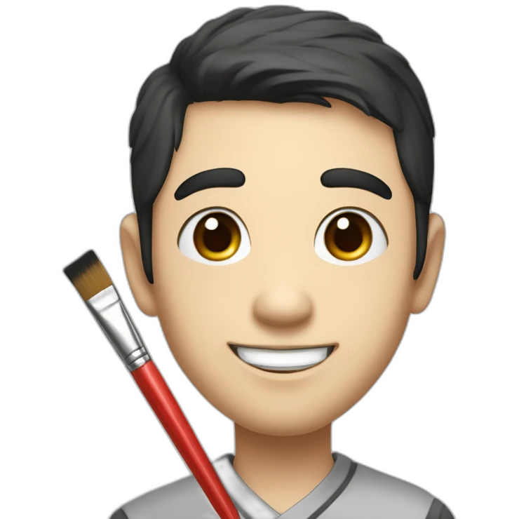 A slightly plump, round-faced, slightly droopy-eyed, cute, dark-haired Japanese brother who is smiling while holding a colored brush and graphite pencil emoji
