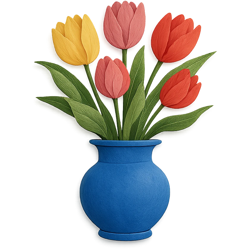 very detailed vase of tulips, intricate cut paper textures, vibrant colors, realistic petals and leaves emoji