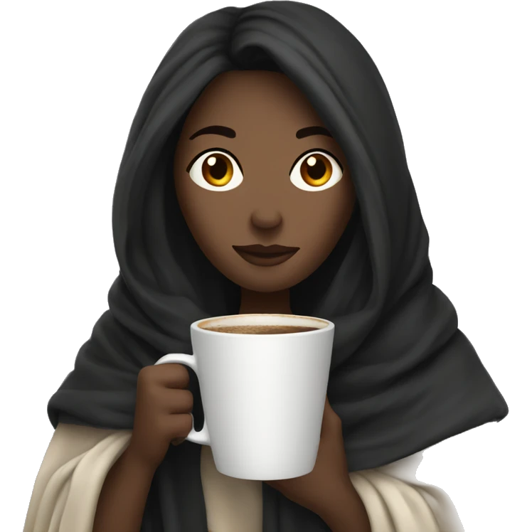 white woman long black hair wrapped in a blanket drinking coffee emoji