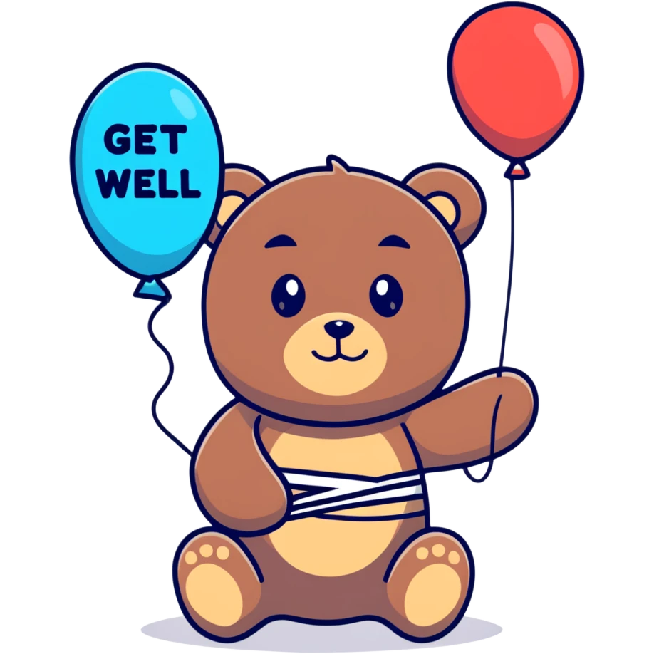 Cute teddy bear with a bandage holding a get well balloon emoji