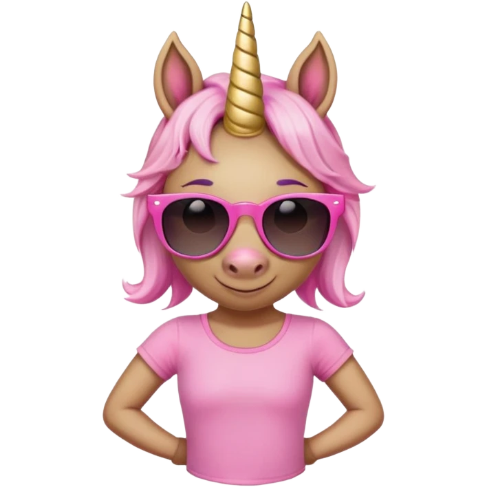 friendly anthropomorphised female unicorn with horse-like face, in tutu and pink t-shirt, wearing dark sunglasses, relaxed pose, close-crop head and shoulders emoji