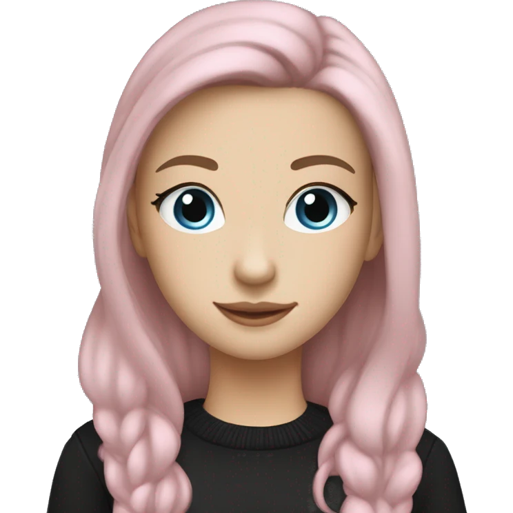 caucasian white IT girl student, holding pink laptop, blue eyes, dark brown hair ponytail wearing a thick black sweater emoji