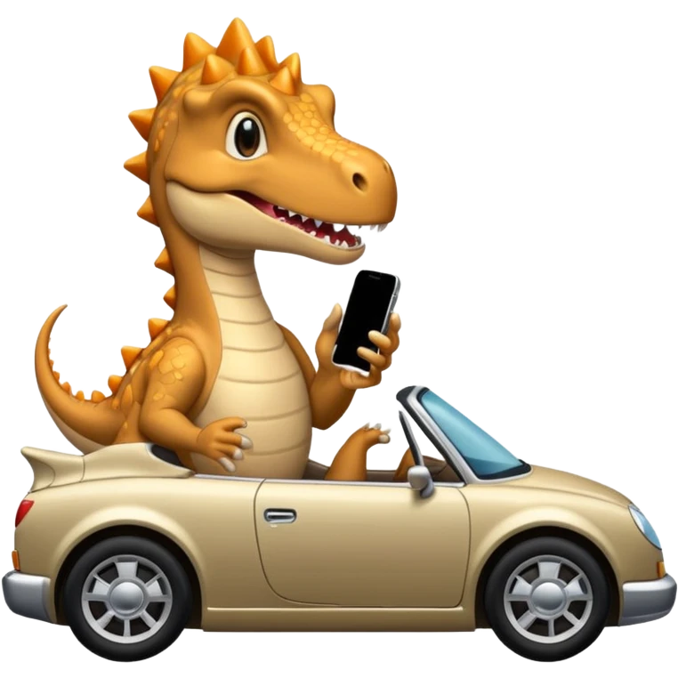 Dinosaurio con iPhone en un carro lujoso emoji