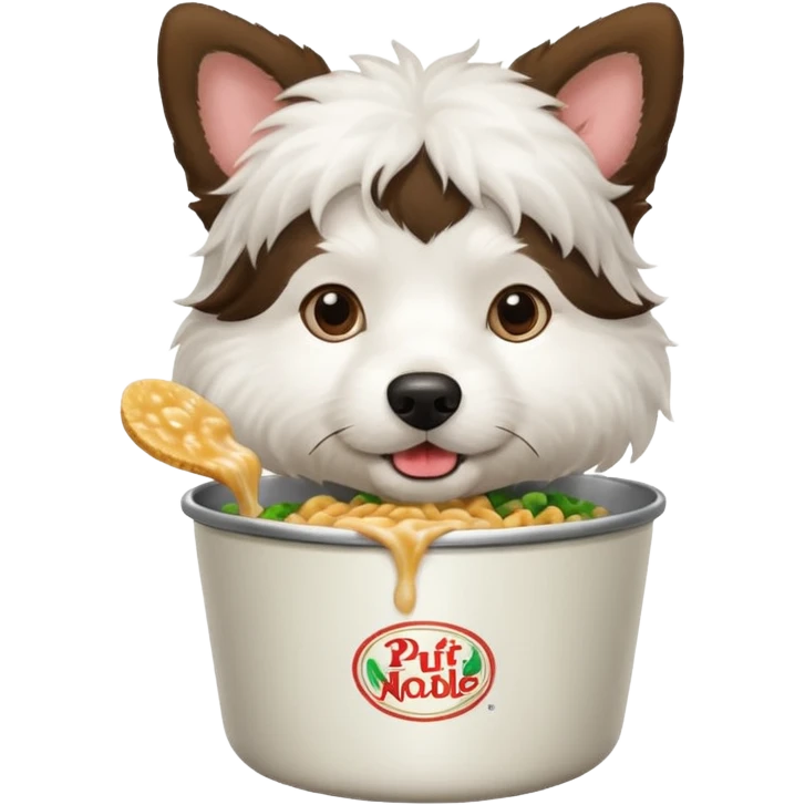 a brunette white wooly dog eating a pot noodle emoji