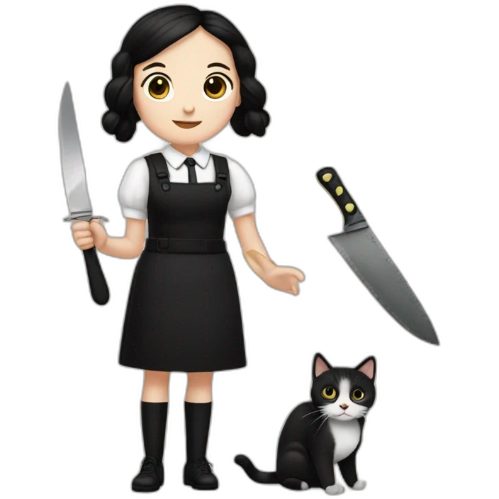 wednesday adams with a cat in right hand and a knife in left hand emoji