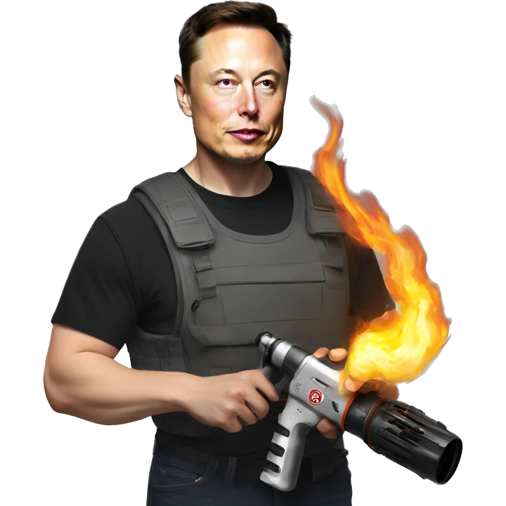 Realist Elon Musk holding a flamethrower emoji
