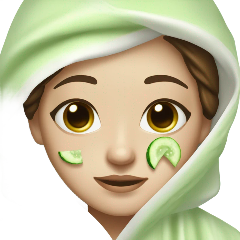 Girl with freackles Brown hair white skin and blue eyes wears Green colored texture skin care mask all over her face while She relaxes she puts on two mini round piece of cucumber on her closed eyes In a white Robe emoji
