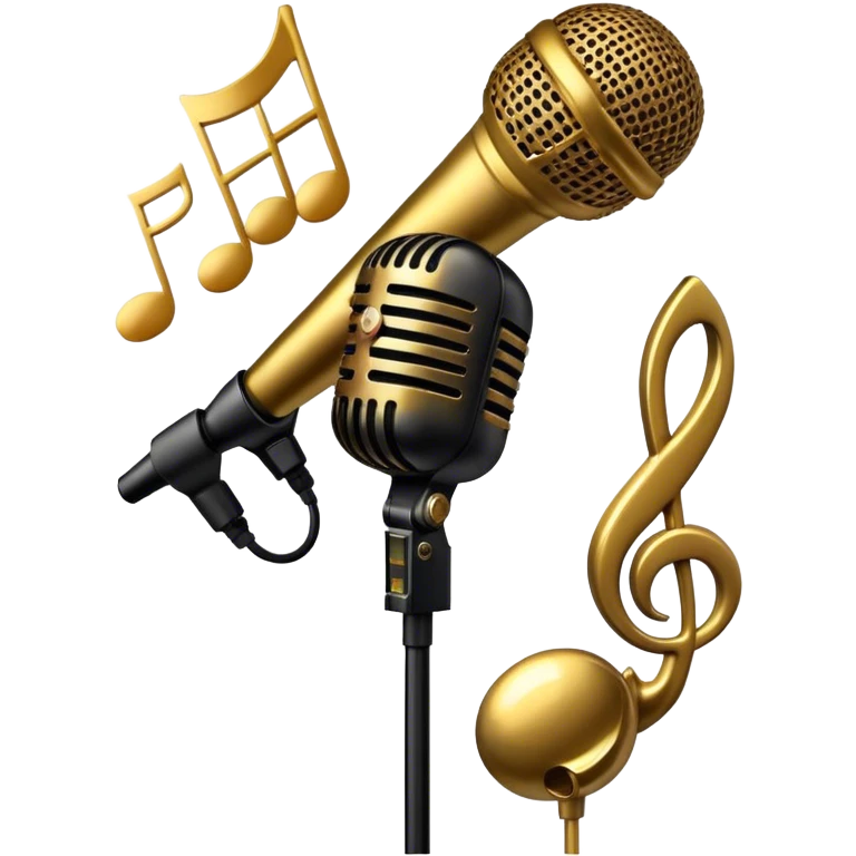 Create a sophisticated and smooth emoji representing jazz vocal performance. The design should feature a stylized microphone, with musical notes swirling around it to convey the fluid, improvisational nature of jazz. Add subtle elements like a vintage microphone stand or a hint of a singer’s silhouette in the background to reflect the live, intimate feel of jazz performance. Use deep, rich colors like gold, black, and burgundy to evoke the classic, smooth vibes of jazz. The background should be transparent. emoji