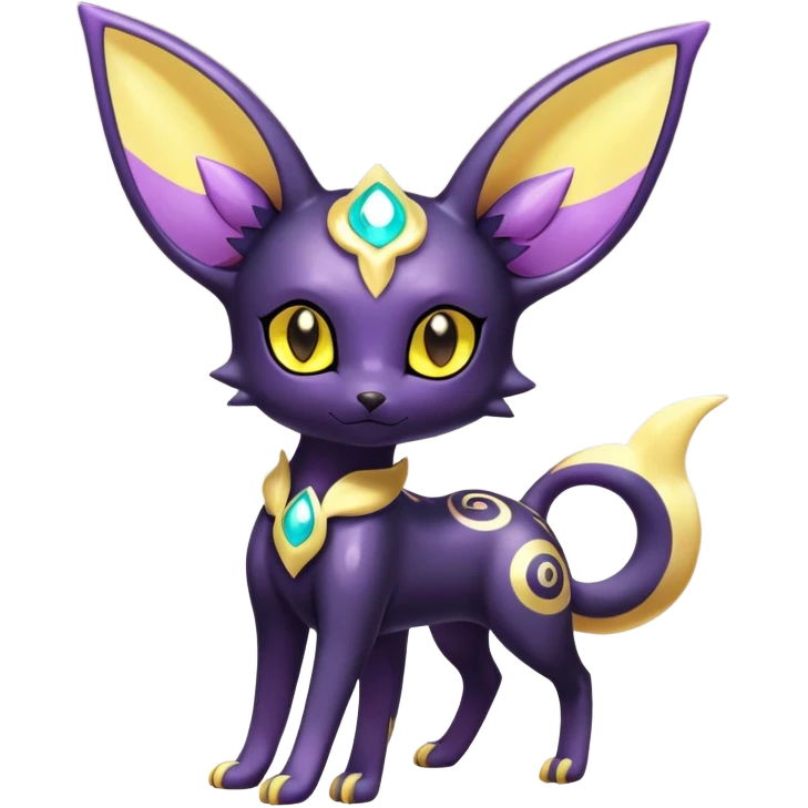 Shiny Exotic Colorful Excessive Mysterious Espeon-Umbreon-Poochyena-Pokémon-Fakémon-hybrid-creature (full body) with pattern-markings with golden eyes emoji