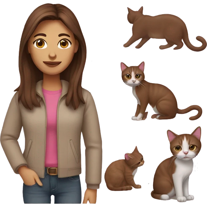 A woman with straight brown hair and a pink cat emoji
