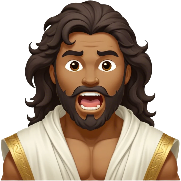 Cinematic Realistic Hercules Portrait, head tilted slightly with a dramatic, wide-open yawn, revealing a moment of relaxed, unguarded strength. His bronze, sculptural skin and thick, wavy dark hair retain their classical beauty even in repose. Draped in a gracefully flowing white robe with subtle golden details, the portrait is bathed in soft natural lighting, capturing a tender glimpse of vulnerability from a timeless Greek hero. emoji