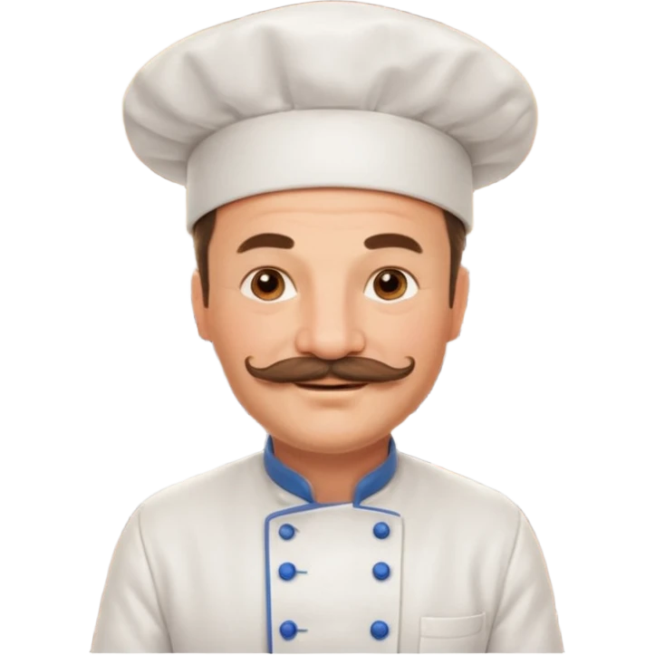 Est-ce que tu peux me faire un chef cuistot qui ressemble à Philippe Etchebest et qui est devant un restaurant? Est-ce que tu peux le faire souriant, avec une moustache de cuistot? 
 emoji