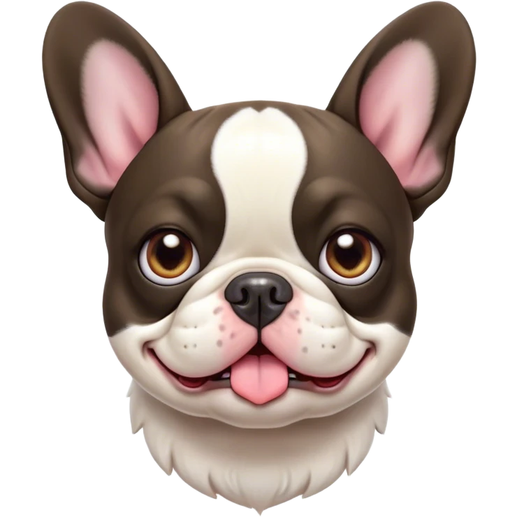 Cinematic Comical Pied French Bulldog Portrait Emoji, Head tilted with an exaggeratedly shocked, comical expression and wide, humorously expressive eyes, showcasing a distinctive pied fur of contrasting hues and a charmingly goofy face, simplified yet hilariously detailed, glowing with a sassy, playful radiance, high shine, exuding a mischievous and meme-worthy charm, styled with a soft glowing outline, capturing the essence of a Pied French Bulldog that looks ready to spark a viral laugh! emoji