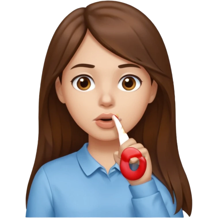 Emoji Fille cheveux long et brun yeux brun avec un doigt dans la bouche que la mains sois plancher vers en bas et que elle regarde comme si elle est coquine  emoji