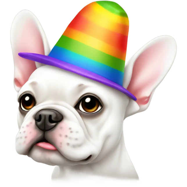 White Frenchie wearing a rainbow hat emoji