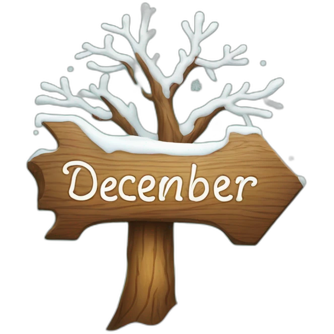 Wood sign with inscription «December” and snowflake and christmas willow  emoji