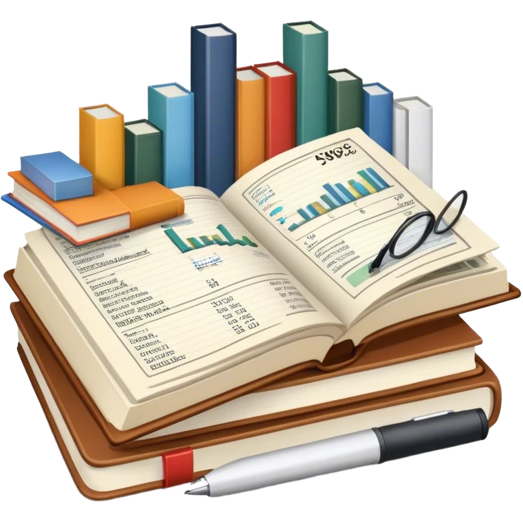 Icon for Business Reading: an open book with graphs, numbers, percentages, formulas, and text on the pages, next to a stack of books, a pile of dollars, a calculator and business magazines like Forbes. Transparent background. emoji