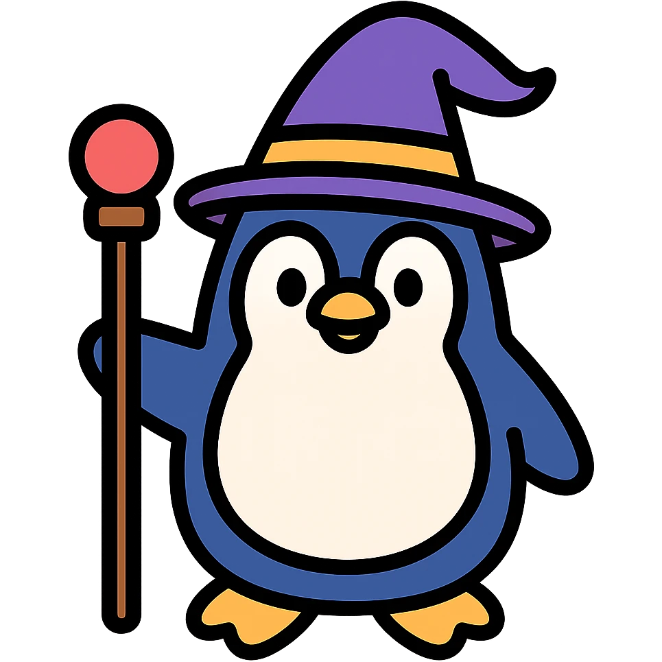 penguin wizard with a staff and wizard hat, color outline icon emoji