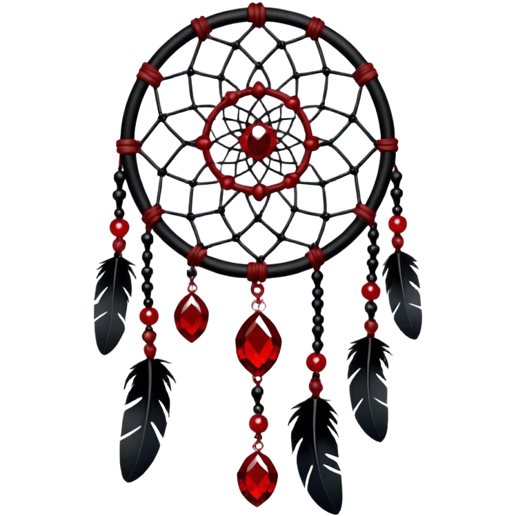 Blood-red, bloody, obsidian-black, edgy, dream catcher, red gemstones, black wires, black threads, tiny white skulls, emoji