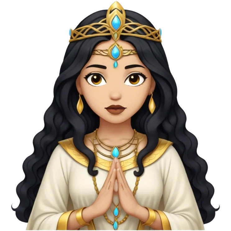 light skin woman, wavy black half long hair, looking like a high priestess emoji