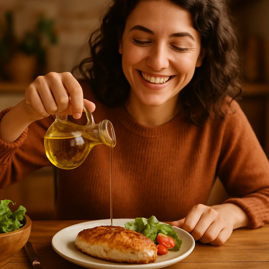donna che usa olio d'oliva contenta nel suo piatto con petto di pollo emoji