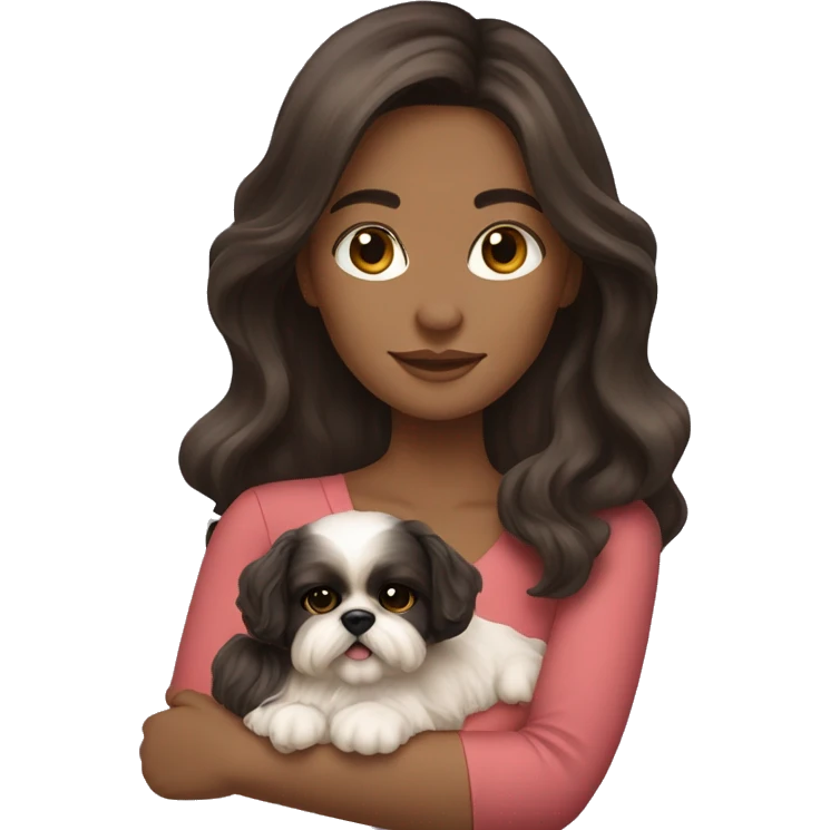 Young dark brunette medium kin hair woman with a golden shih tzu in her arms long wavy hair emoji