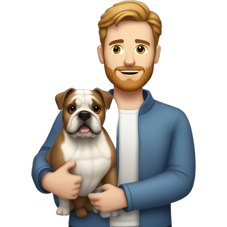 White man with brown hair and brown beard holding white bulldog  emoji