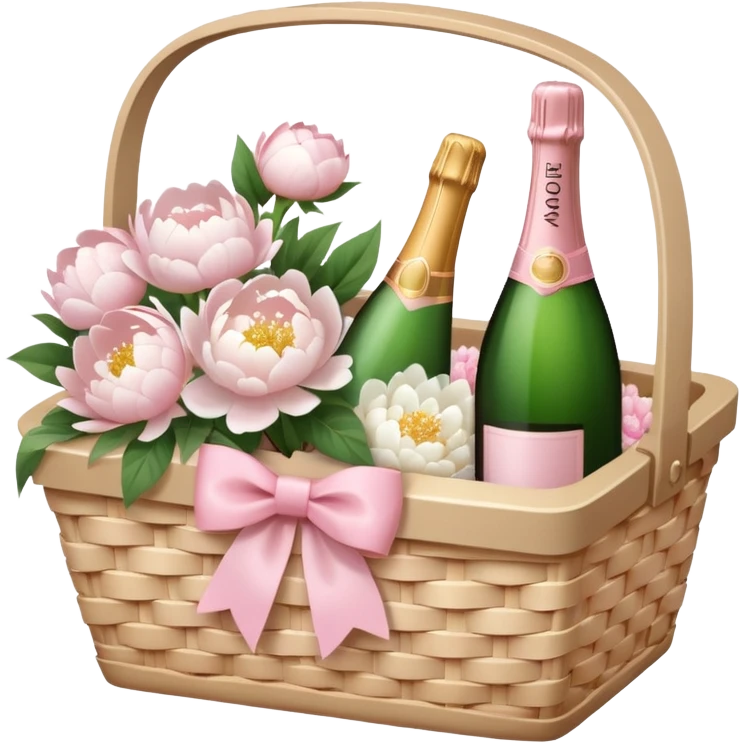White Picnic basket with light pink bow and white peonies and one pink champage bottle inside emoji