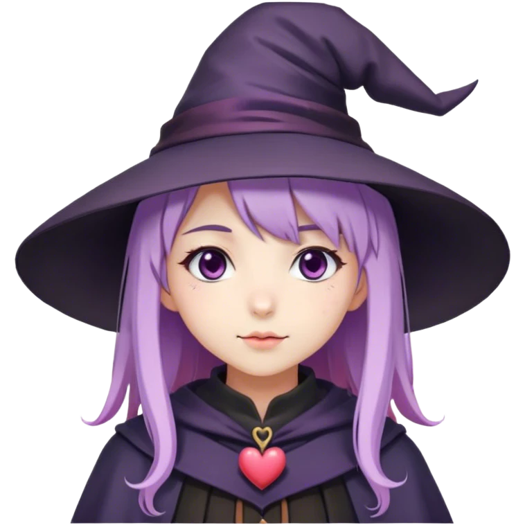 cute anime girl with lilac hair in a witch hat in love with hearts instead of eyes emoji