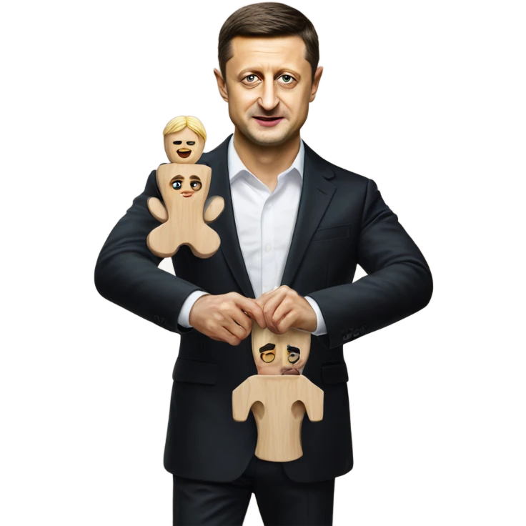 Hyper realistic Vladimir Zelensky pulls the strings of a wooden doll emoji