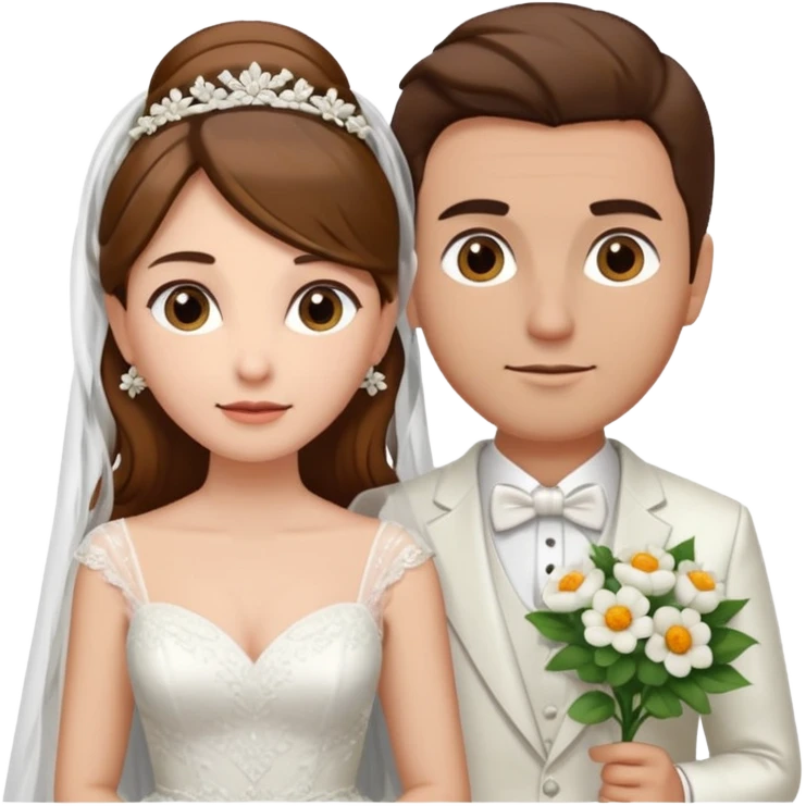 A woman with long brown hair and fair skin, wearing her hair , dressed in a wedding gown with a veil. And a man with short brown hair and fair skin (without a mustache), wearing a white suit with a flower.
 emoji