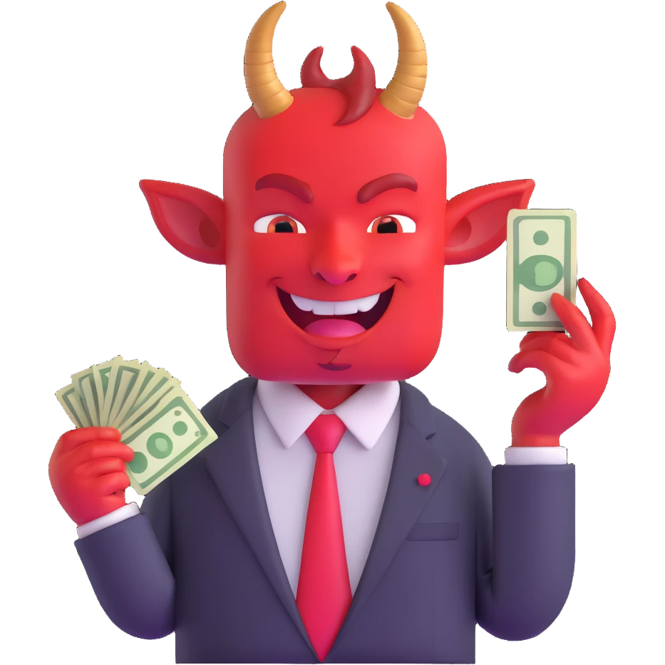 red devil with horns in business suit counting cash with greedy expression emoji