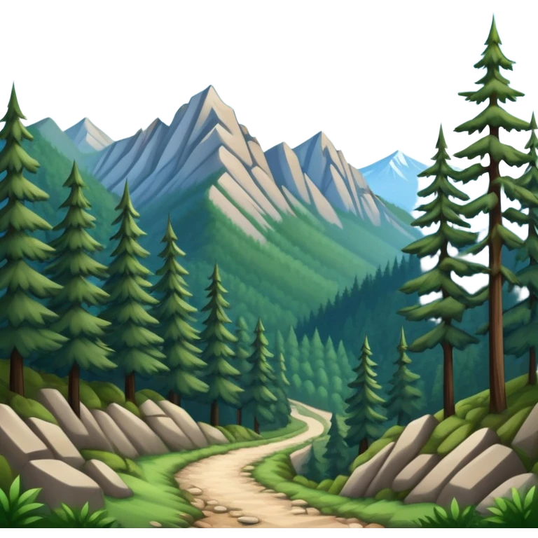 a forest trail or rocky mountain road. The background shows dense trees, steep slopes, and distant peaks under a clear blue sky. emoji