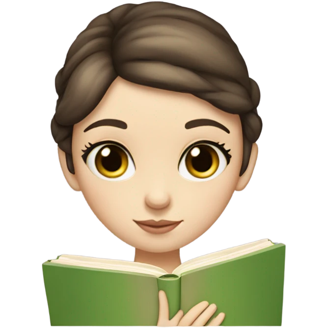 Girl with brown hair in a low bun, wispy bangs, green eyes, pale skin, reading a book emoji