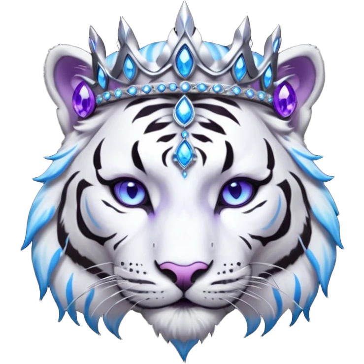 ESO Female white/black tiger khajiit leader of the umbral rose, glowing blue eyes, glowing blue 'third eye' gem; purple gemmed silver crown/tiara emoji