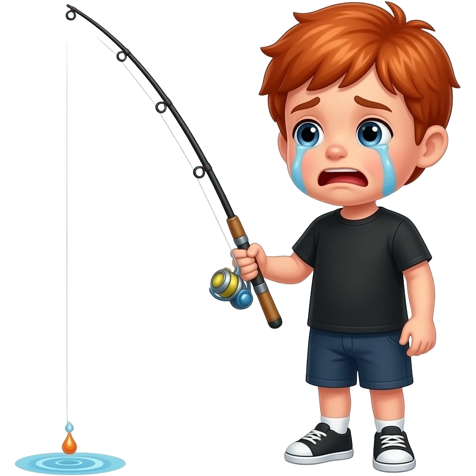 A red head kid holding a fishing rod crying wearing a black shirt and shorts emoji