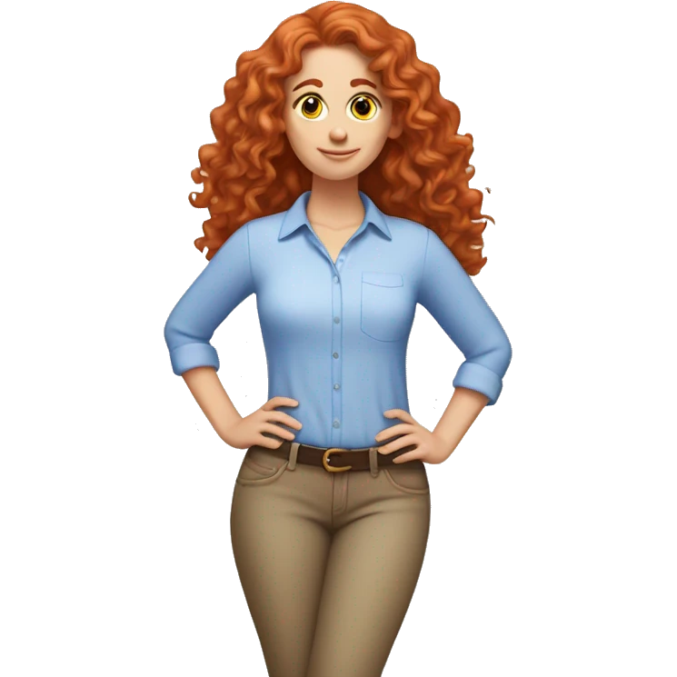 white girl with long red curly hair, wearing a pastel periwinkle shirt doing a pose emoji