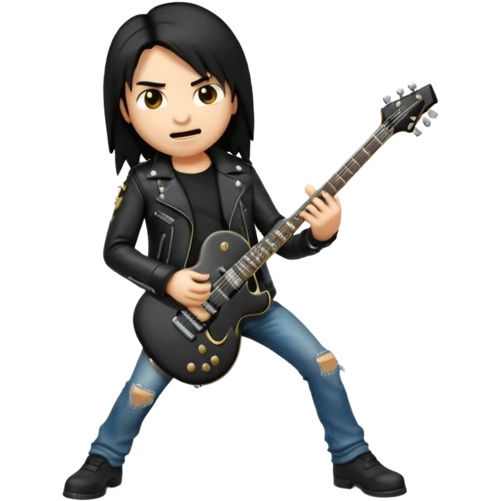 3D Apple-style emoji of a metal musician. Long hair, black leather jacket, ripped jeans, holding an electric guitar. Intense expression, glossy, rounded, smooth, soft shadows, white background.










 emoji