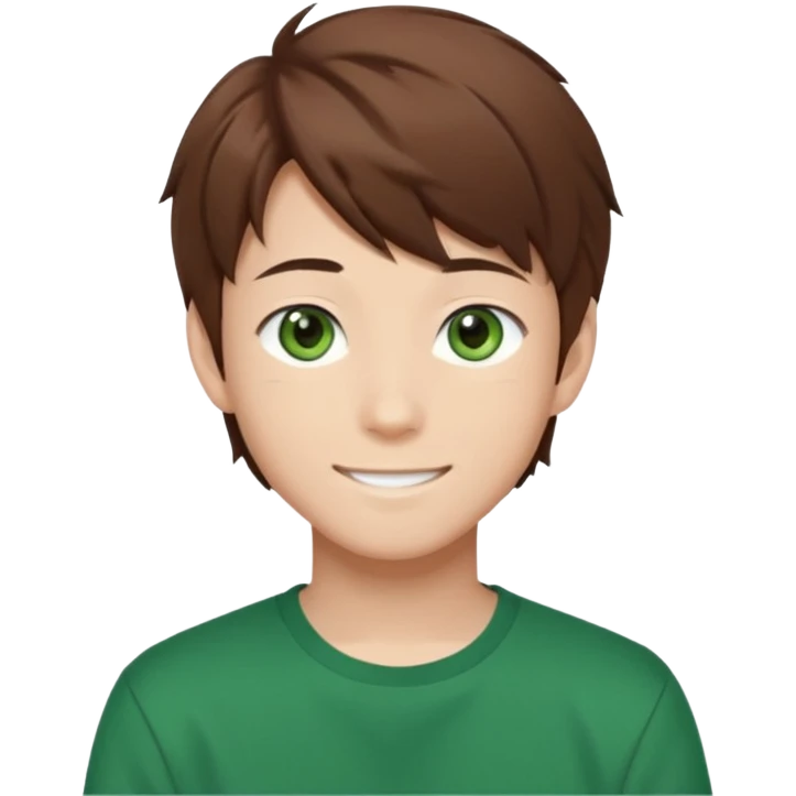 the face of an Anime asian style teen boy with brown hair, green eyes, looking smiling slightly sideways positioned. Face must be main filling of the emoji.  128px emoji