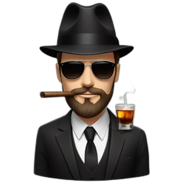 young white male adult with dark hair and beard, black fedora hat, black ray ban sunglasses, three pieces dark costume and tie smoking a cigar with a glass of whisky in the hand emoji