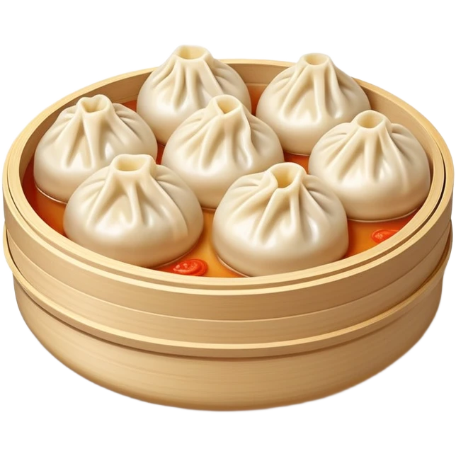 Xiaolongbao soup dumplings with visible soup inside, Chinese dim sum, emoji style emoji