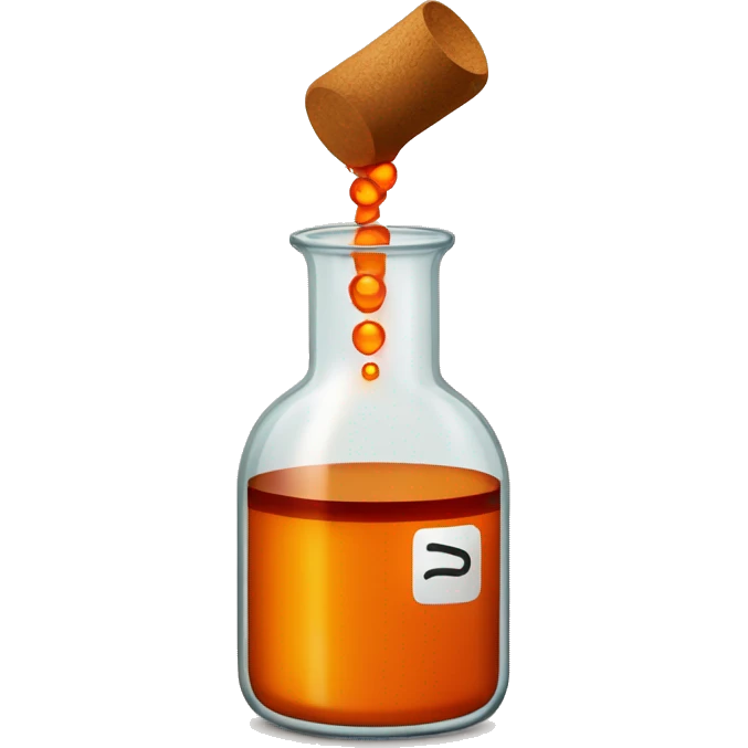 Redish Brown Bromine with an orange aroma in a circular beaker with a tan cork in the top of the beaker emoji