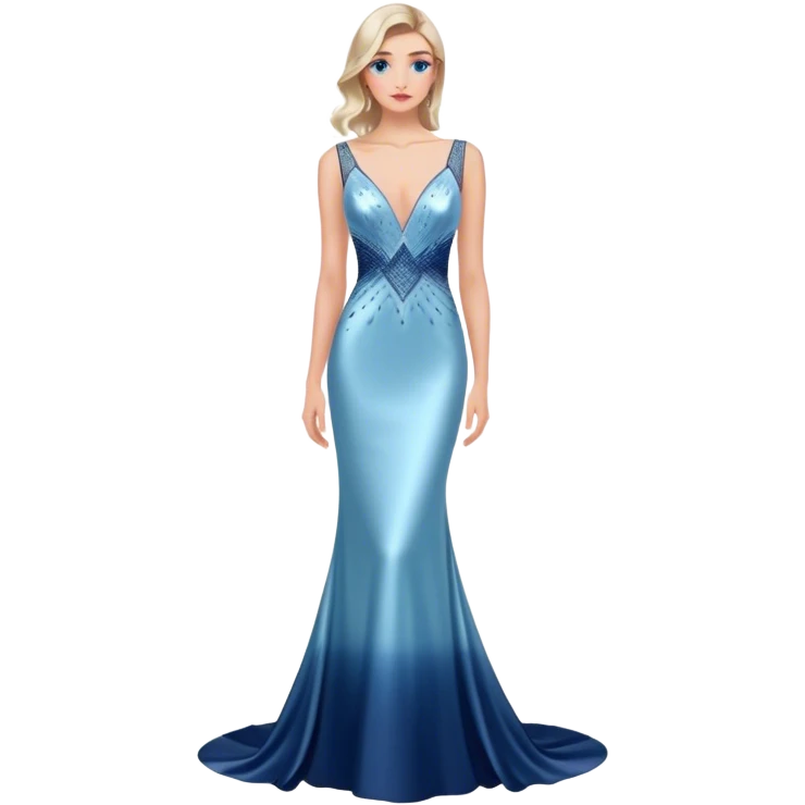 caucasian woman, in long slim pastel blue formal party satin dress with gradient shiny sparkling navy blue diamonds embroidered, full body full figure emoji